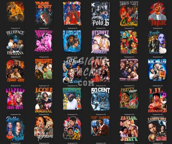 Print-ready DTF/DTG designs featuring artists like Tupac, 50 Cent, and Travis Scott for t-shirts and merch.