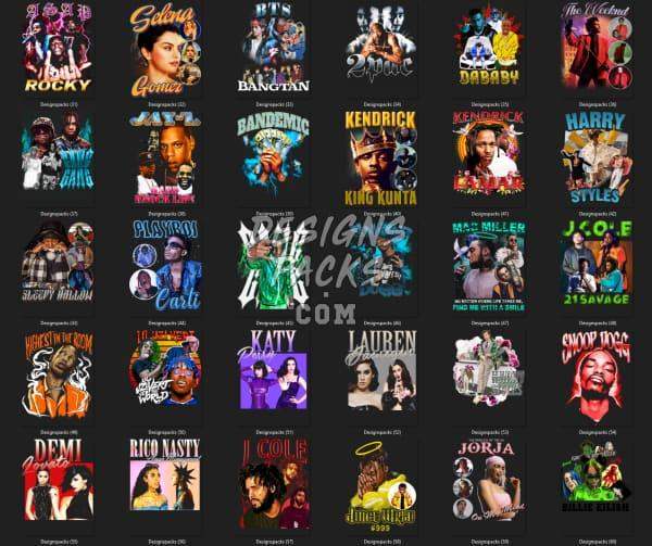 Print-ready PNG designs for DTF/DTG, embroidery, and tumbler wraps featuring artists and themes