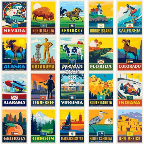 50 Usa Popular States Poster Style Designs Bundle Png