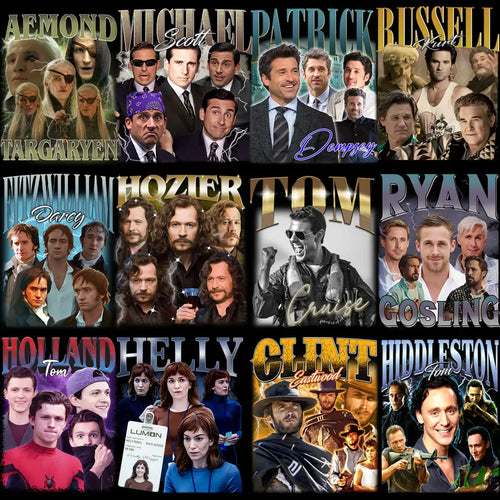 Celebrity collage featuring actors like Tom Holland, Ryan Gosling, and Clint Eastwood for DTF/DTG print designs