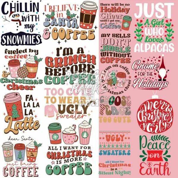 Christmas coffee-themed designs for DTG, DTF, embroidery & tumbler wraps — festive quotes, mugs, snowmen, alpacas, ornaments