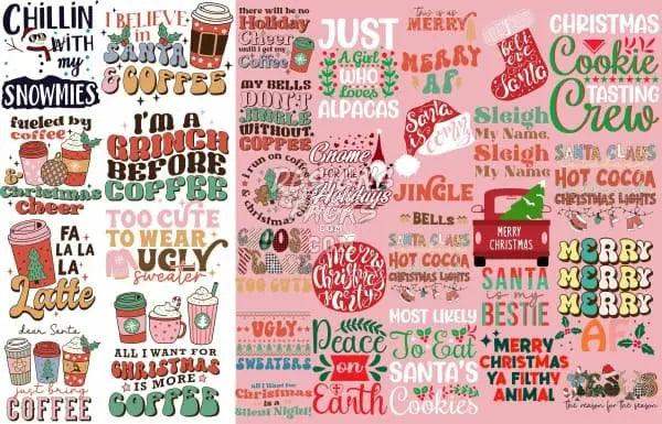 Festive Christmas coffee-themed DTF/DTG designs with holiday quotes, mugs, and Santa motifs for print-ready use.