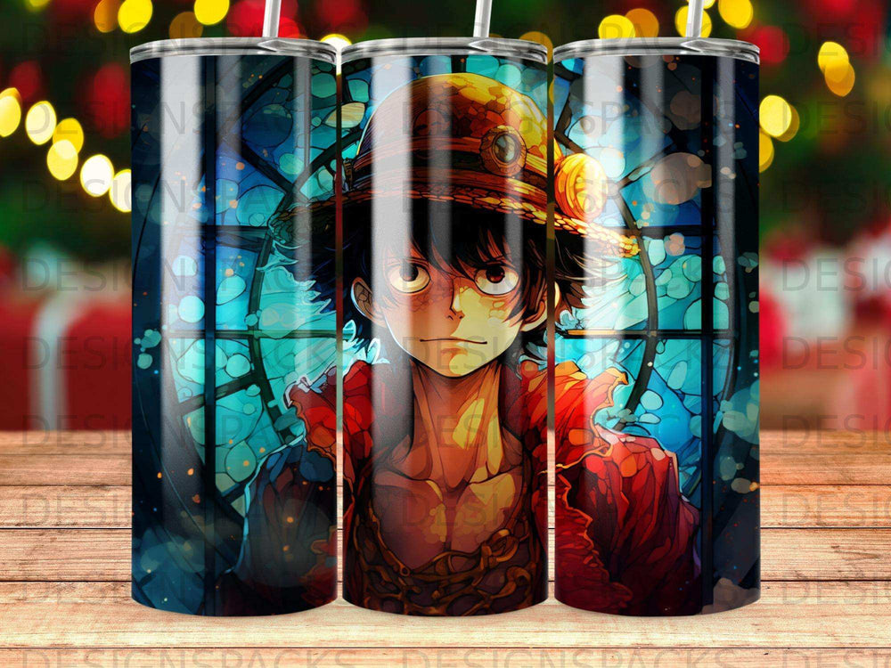 Anime character with straw hat in front of stained glass.