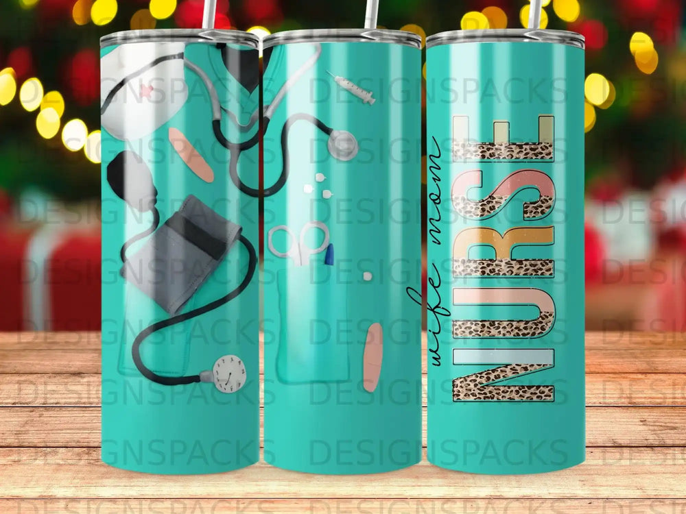 Turquoise tumbler with "Nurse Mom" in leopard print and colorful block letters.