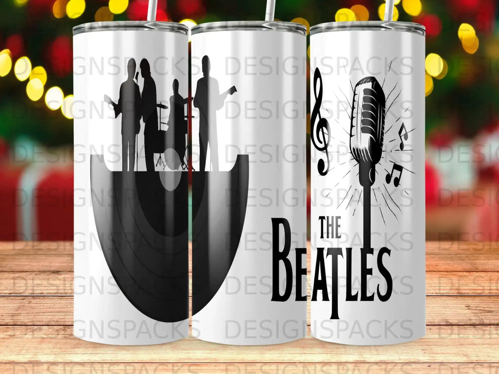 The Beatles logo with a vinyl record and silhouette of a band.