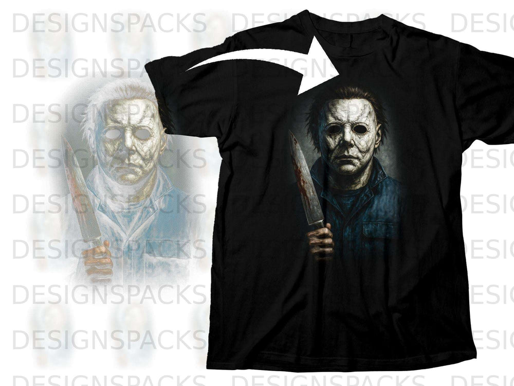 Black t-shirt featuring Michael Myers holding a bloody knife graphic.