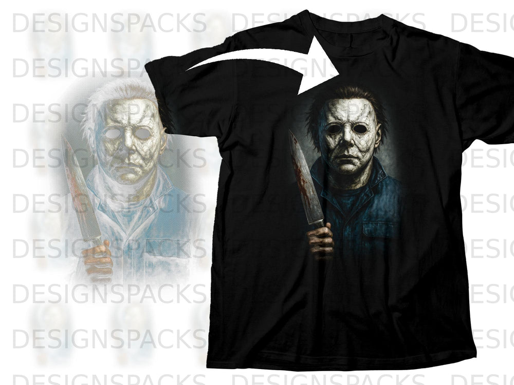 Black t-shirt featuring Michael Myers holding a bloody knife graphic.