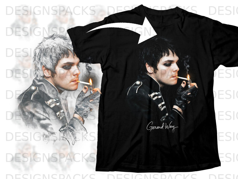 Black t-shirt featuring Gerard Way smoking a cigarette with a lighter.