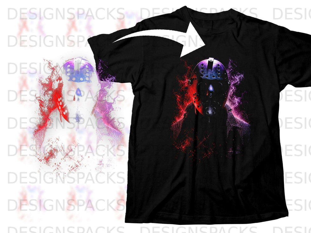 Black t-shirt with a stylized horror mask graphic with red and purple fire effects.