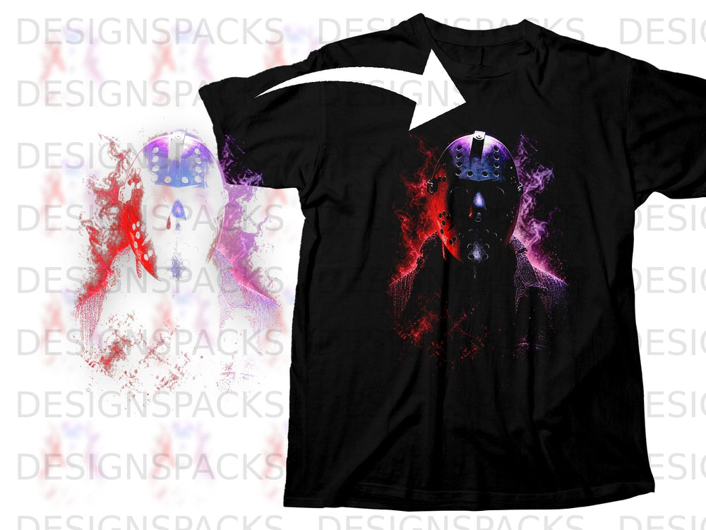 Black t-shirt with a stylized horror mask graphic with red and purple fire effects.