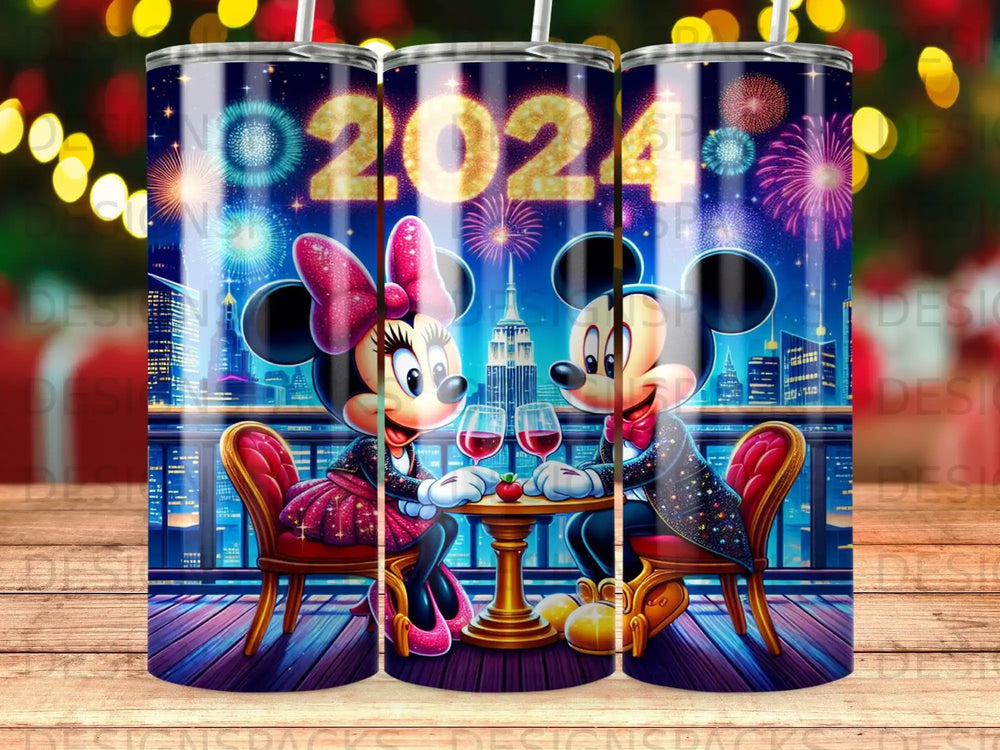 Mickey and Minnie Mouse toast with wine glasses in front of a city skyline with fireworks.
