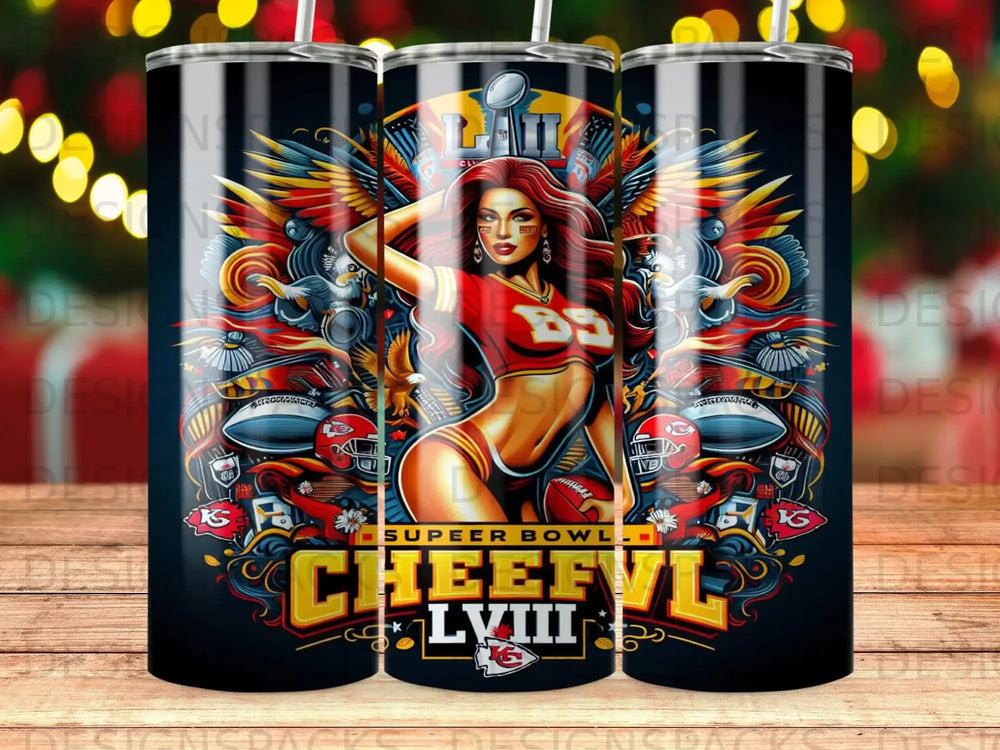Super Bowl LVIII tumbler with Kansas City Chiefs logo and football imagery.