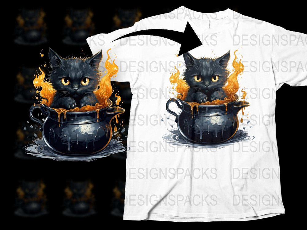 Black Cat in Cauldron T-Shirt, Magical Flames Graphic Tee, Witchy Style Cotton Shirt, Unisex Adult Clothing