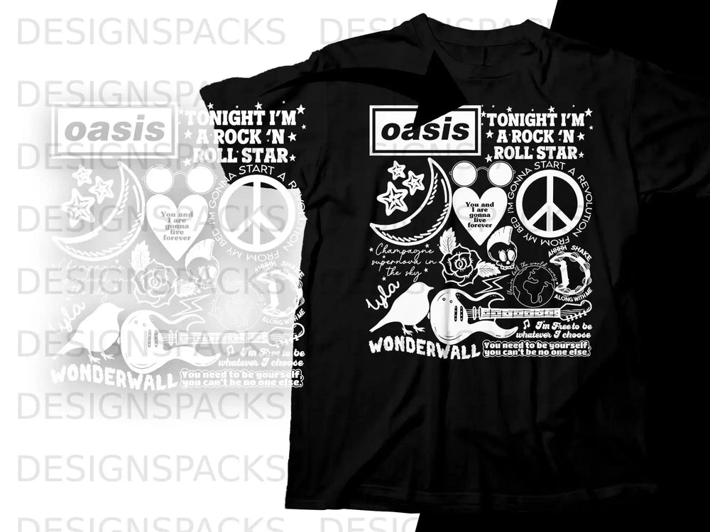 Black t-shirt with "Oasis" logo and song lyrics on the front.