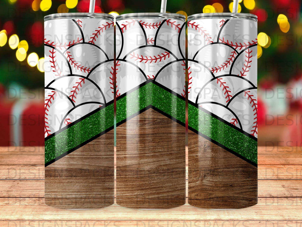 Tumbler with baseball stitching and wood grain pattern.