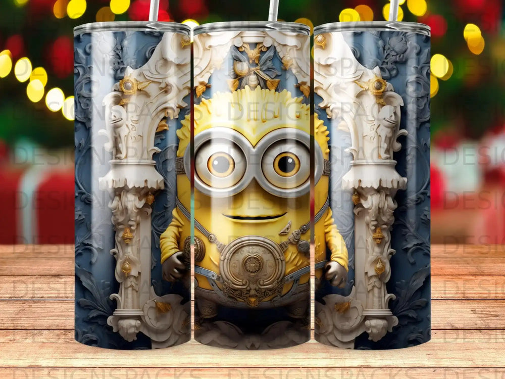 Minion character with large goggles and yellow overalls on ornate blue background.