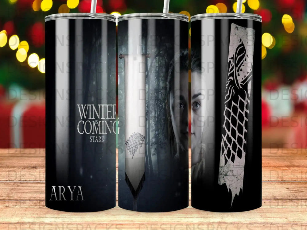 Winter is Coming Arya Stark banner tumbler wrap with wolf logo.