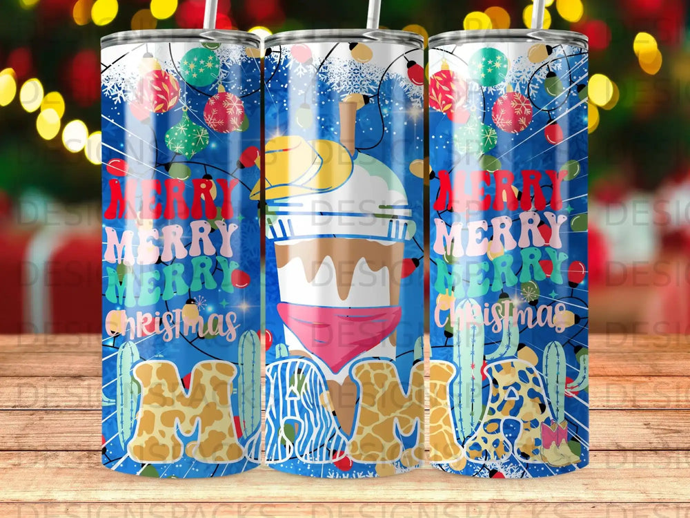 Merry Christmas tumbler design with festive lights and animal print pattern.