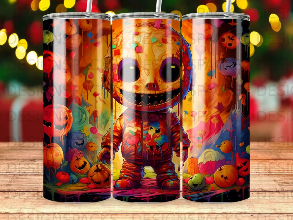 Cartoon character with pumpkins and Halloween theme, on a tumbler.