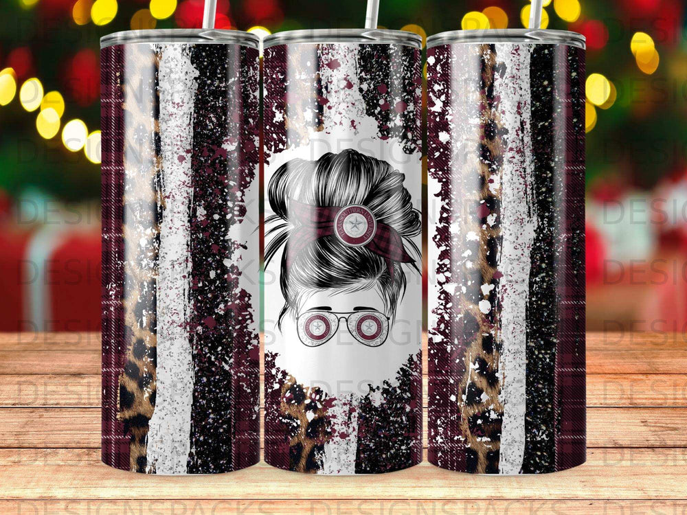 Texas A&M messy bun tumbler with leopard and plaid pattern.