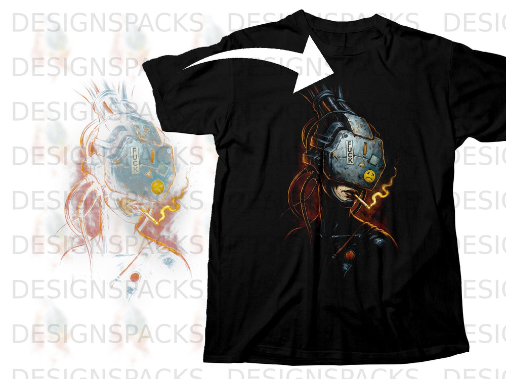 Black t-shirt featuring a cyberpunk cyborg design with "FUCK" text.