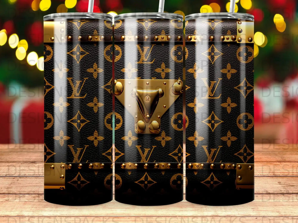 Dark tumbler with Louis Vuitton monogram and gold hardware detail.