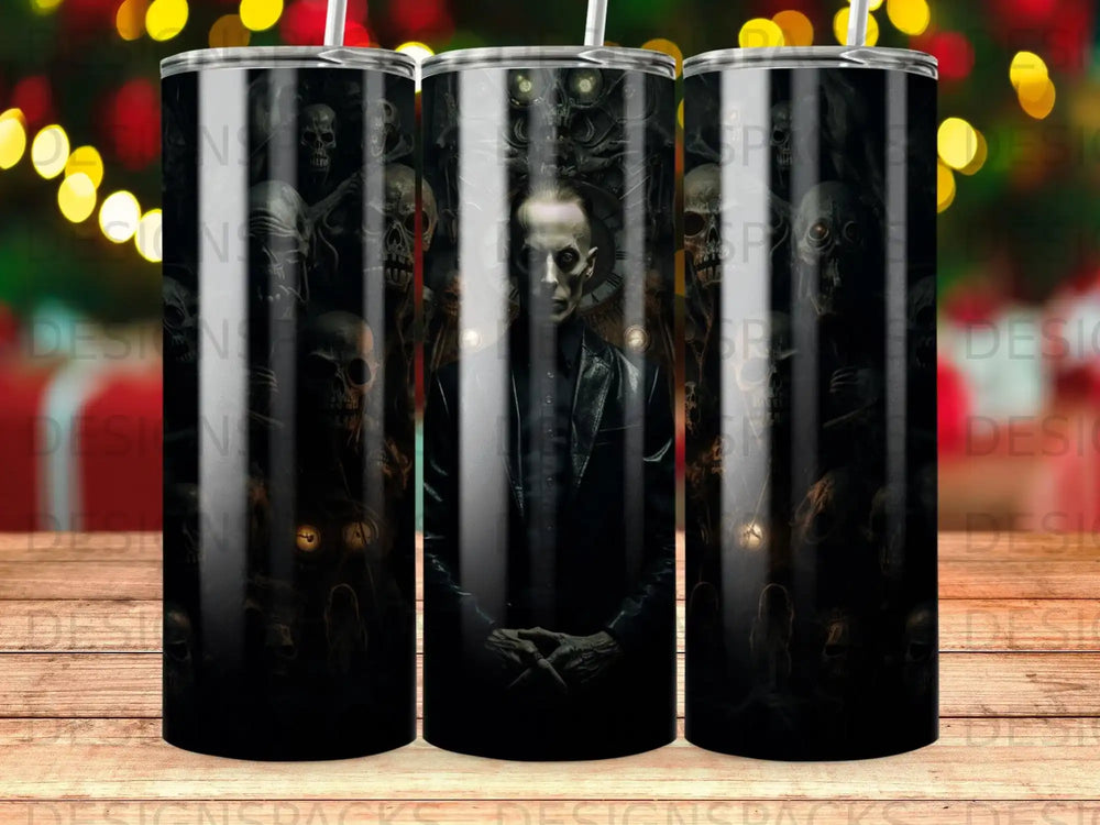 Dark tumbler with skulls and a pale man in a suit.