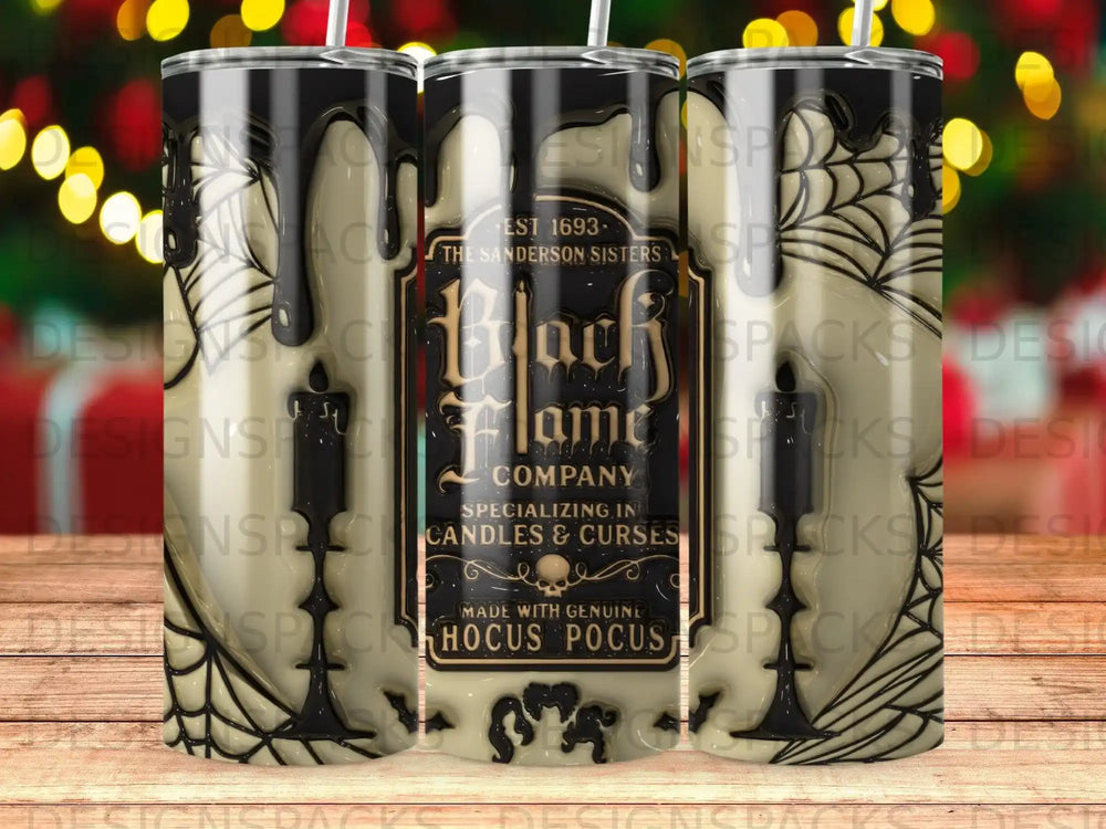Black Flame Candle Company tumbler with Hocus Pocus text and spiderwebs.