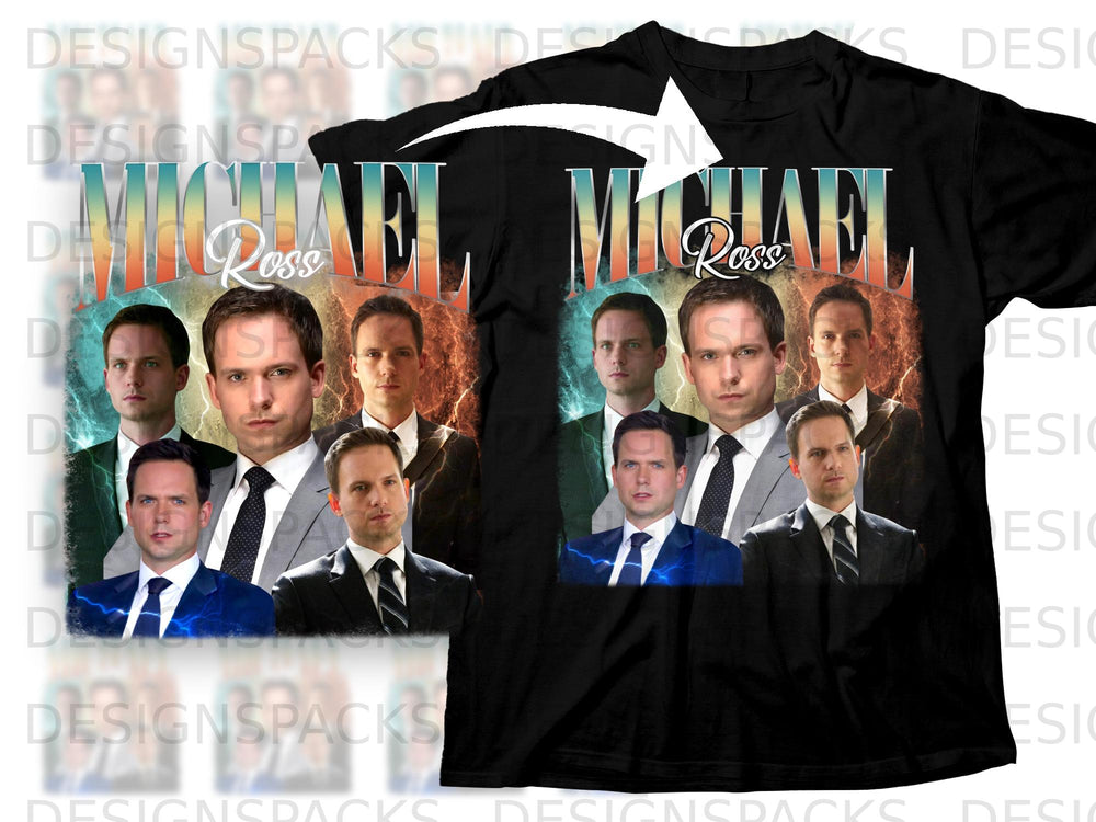 Black t-shirt with "MICHAEL Ross" and collage of men in suits.
