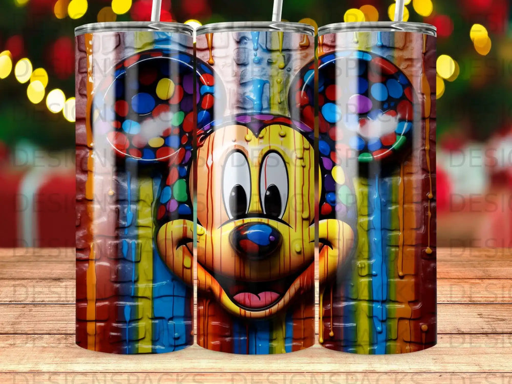 Mickey Mouse face on colorful dripping brick tumbler.
