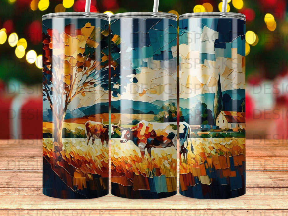 Abstract painting of cows in a field with a tree and a house.