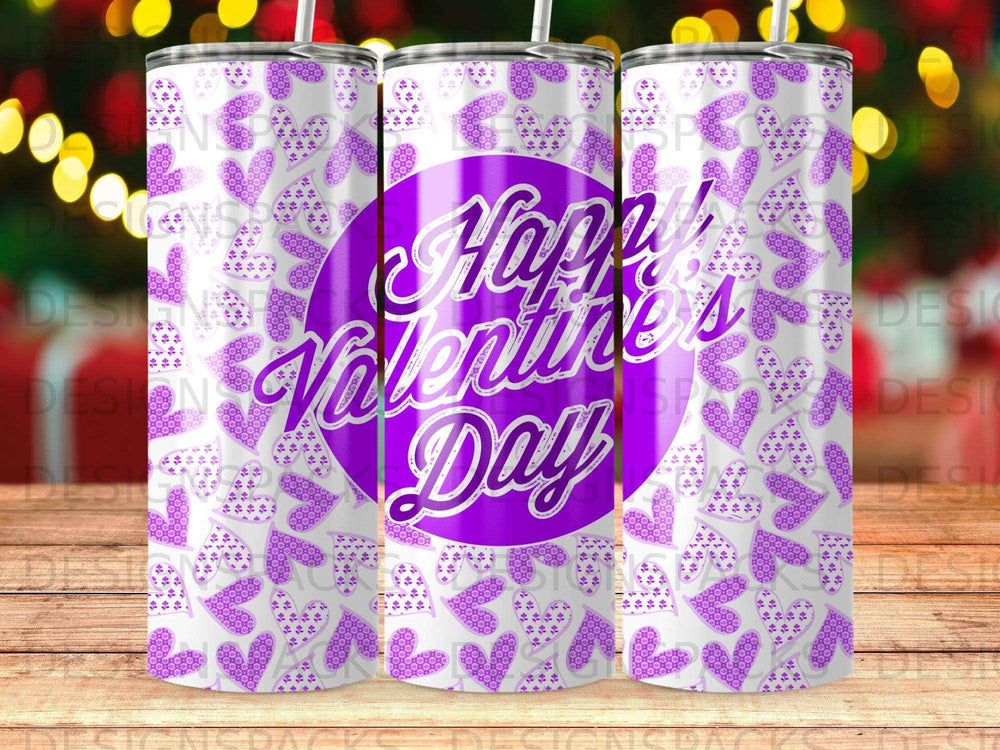 Purple heart pattern Valentine's Day tumbler with "Happy Valentine's Day" text.