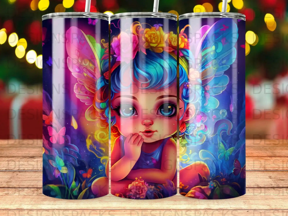 Whimsical fairy girl with colorful wings and flowers, sitting.
