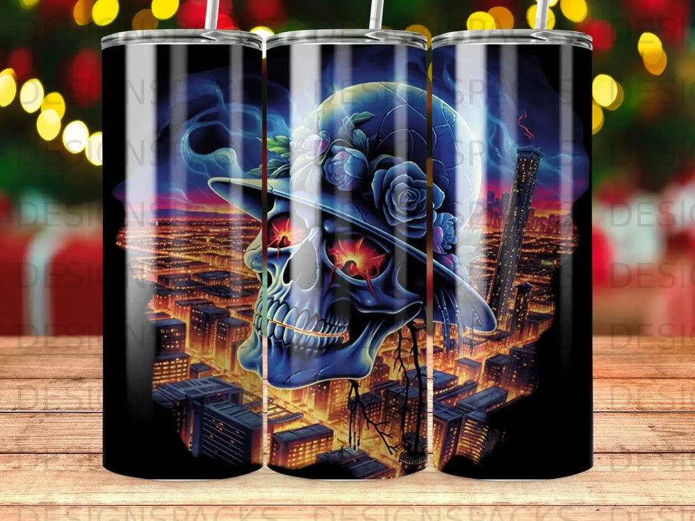 Skull with roses wearing a fedora over a glowing cityscape at night.