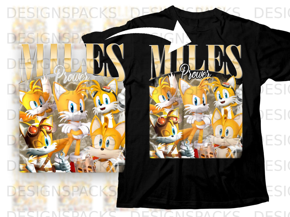 Miles Prower and his fox friends on a black t-shirt design.