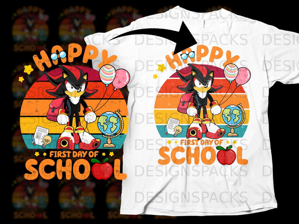 Shadow the Hedgehog and school supplies with "Happy First Day of School" text.
