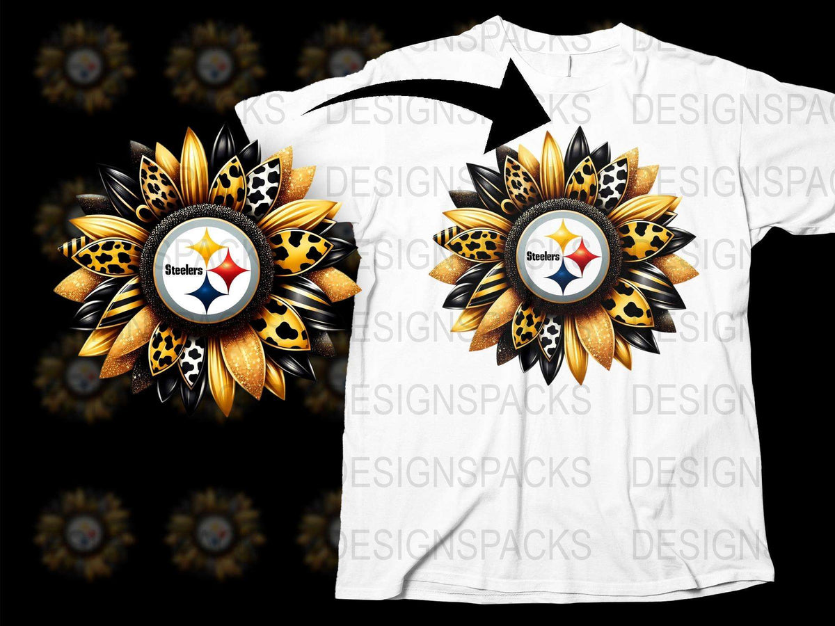 Pittsburgh Steelers Sunflower Graphic T-Shirt, Black and White Football Fan Apparel, Unique Sports Team Clothing Gift