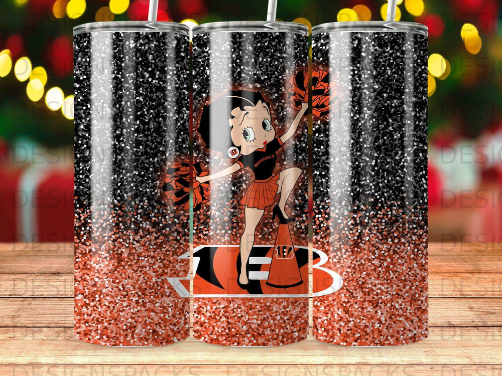 Betty Boop character in Cincinnati Bengals orange and black on glitter tumbler.