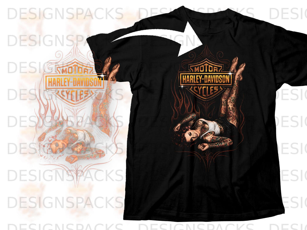 Black t-shirt with Harley-Davidson logo and tattooed woman with flames.