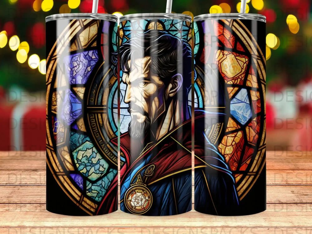 Stained glass tumbler with Doctor Strange illustration and "GUARNIA" text.