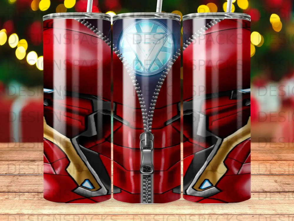 Superhero armor design with zipper on a tumbler.