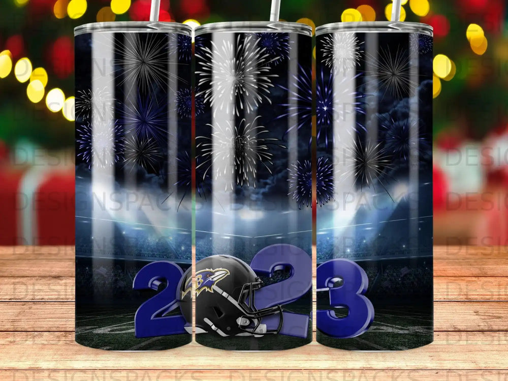 Baltimore Ravens 2023 helmet and fireworks design on a tumbler.