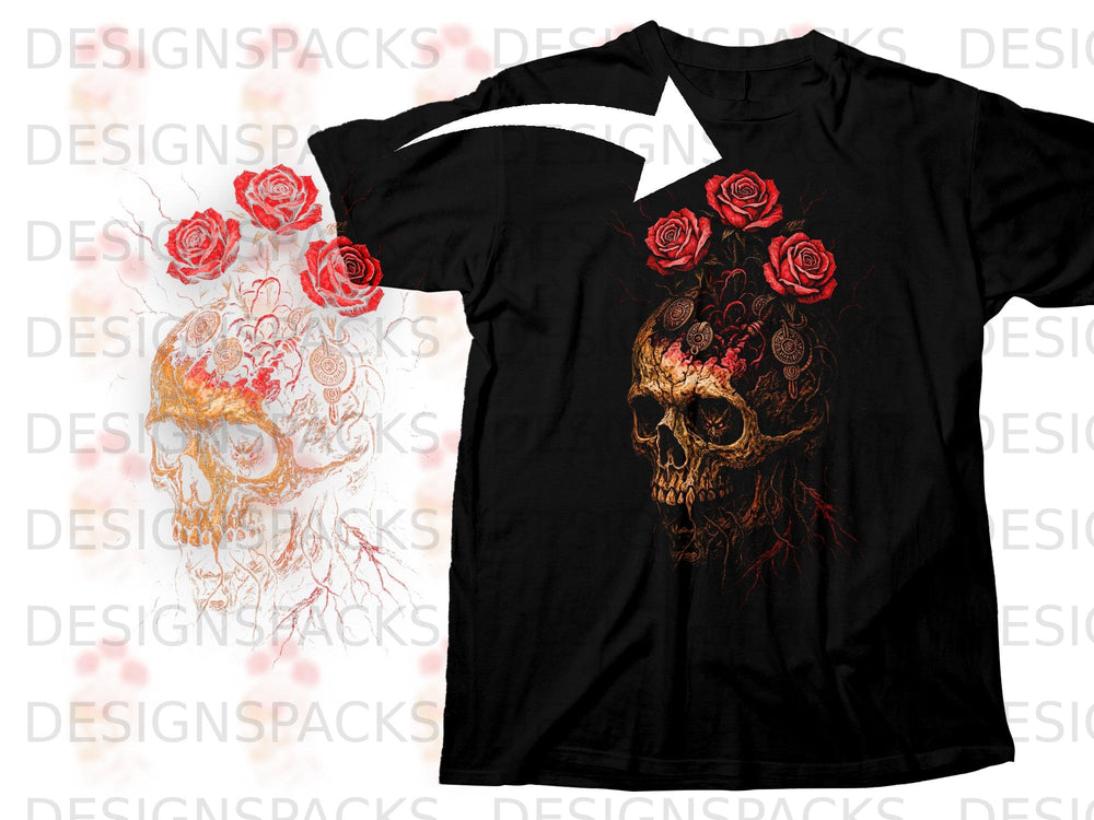 Black t-shirt with a golden skull and red roses graphic design.