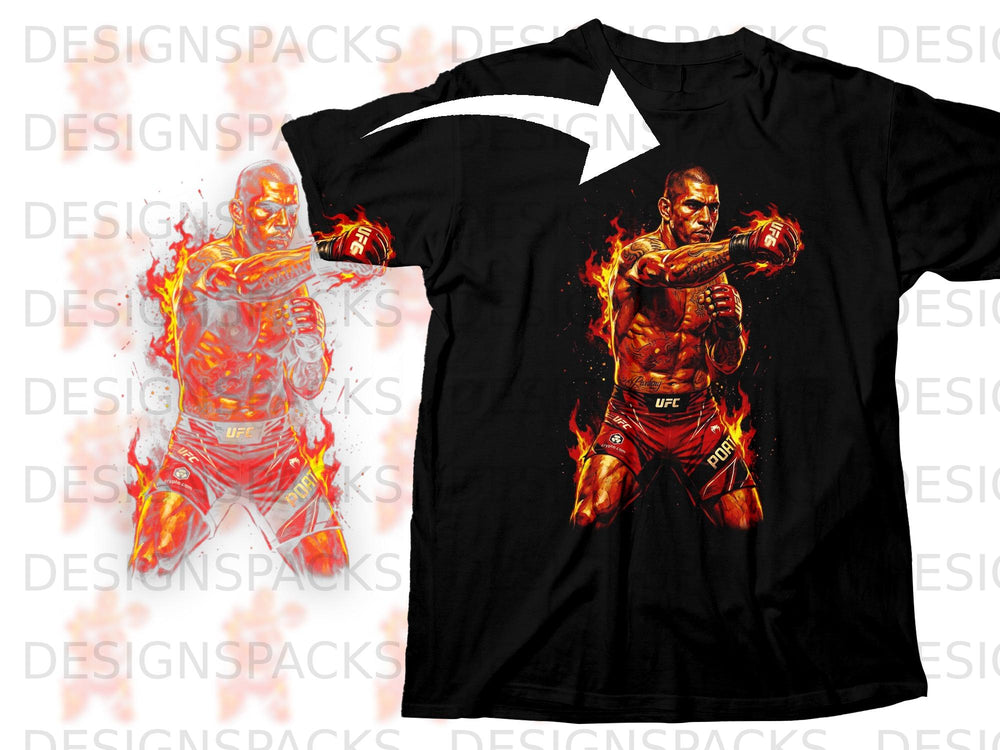 UFC fighter Alex Pereira in fighting stance, surrounded by fire, on black t-shirt.