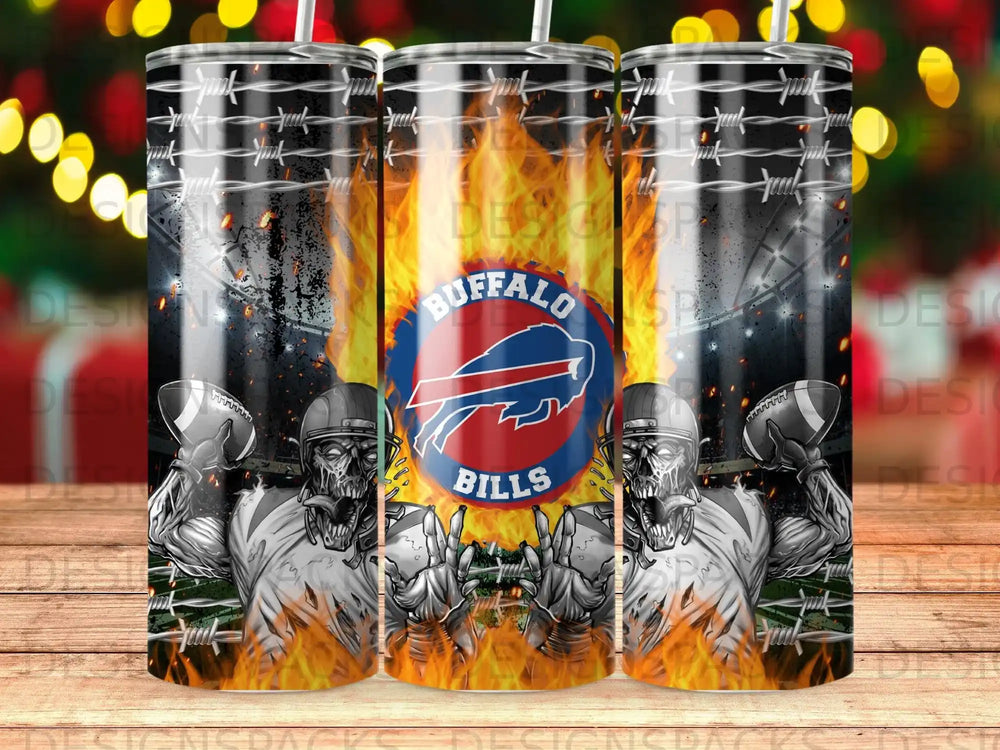 Buffalo Bills logo with flaming football players and barbed wire pattern.