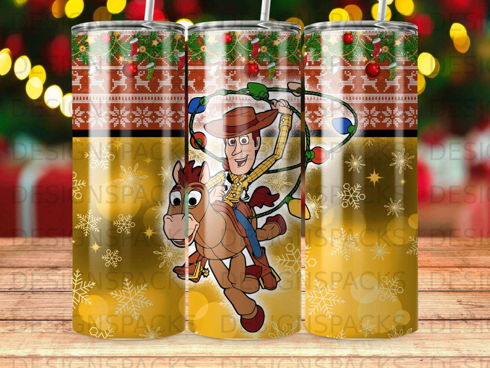 Woody on a horse with Christmas lights and snowflakes, holiday-themed tumbler.