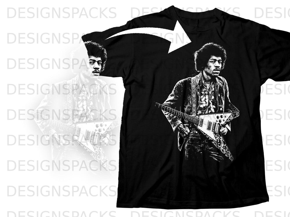 Black t-shirt featuring a stylized graphic of Jimi Hendrix playing a guitar.