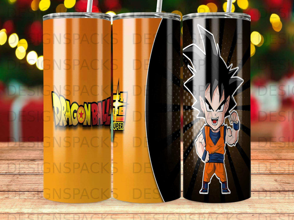Dragon Ball Z tumbler featuring Goku in a dynamic pose, "Dragon Ball Super" logo.