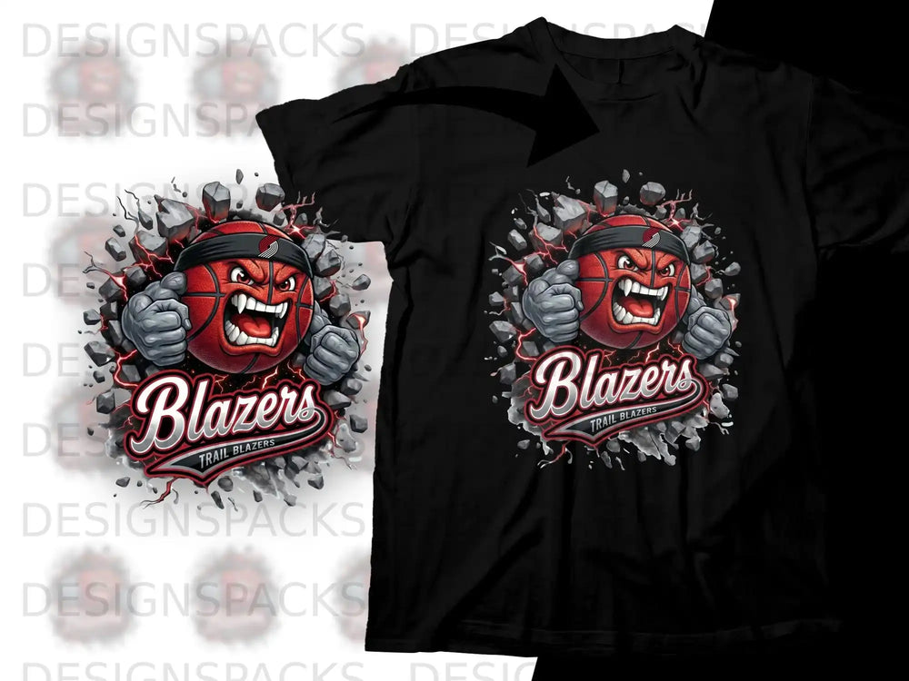 Black t-shirt with cartoon basketball character and "Blazers Trail Blazers" text.