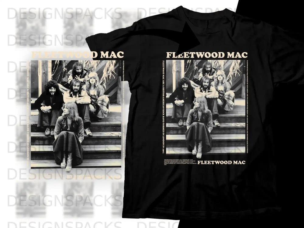 Fleetwood Mac band members posing on stairs, text describes band history.